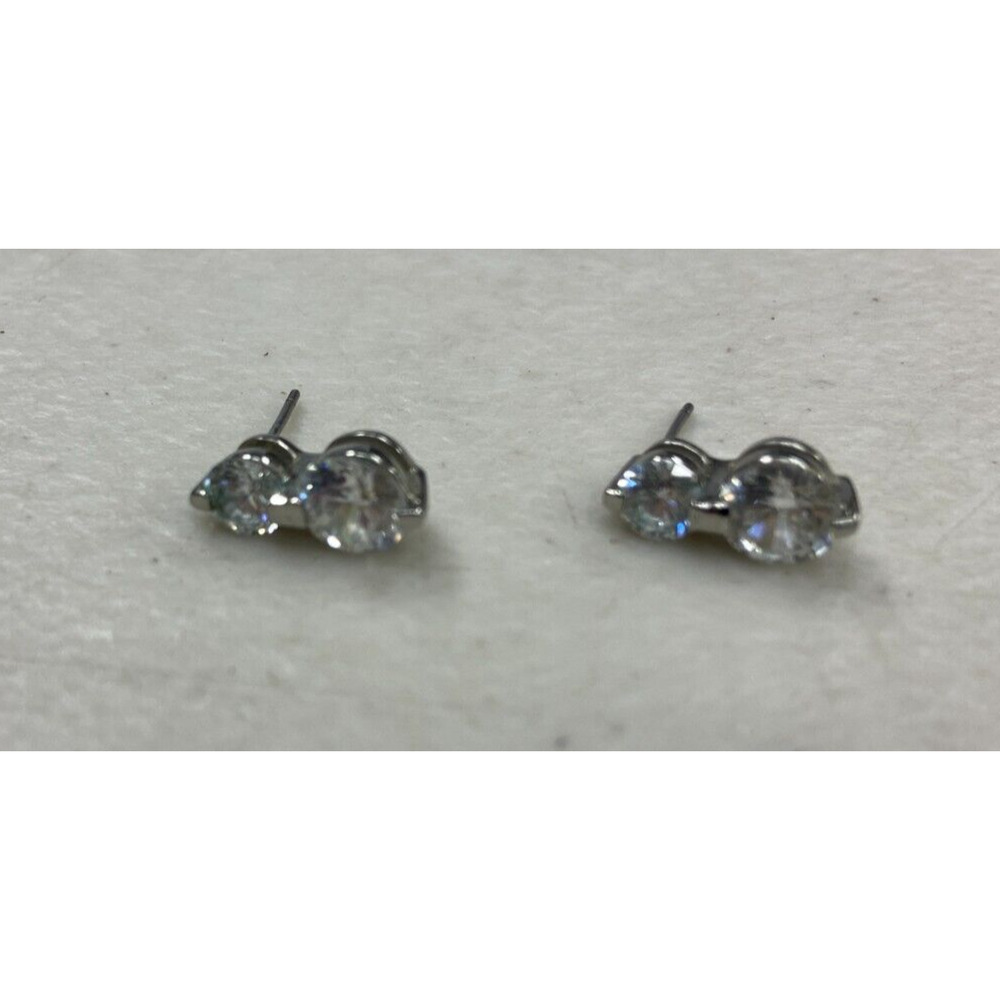 IS Signed Silver Tone Clear Cubic Zirconia 2 Stone Stud Dangle Pierced Earrings